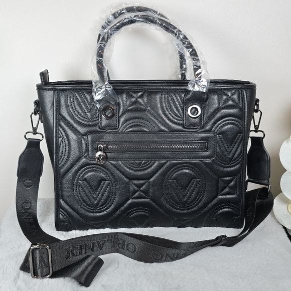 Valentino Orlandi Women's Quilted Black Vegan Leather Satchel Handbag New - Picture 10 of 16